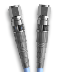 A pair of blue and silver military R154 (370 SERIES) Hose Assembly on a white background.
