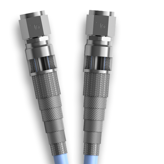 a pair of blue and silver military r154 (370 series) hose assembly on a white background.