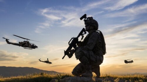 a soldier stationed on a hill observes passing helicopters in a military engagement.