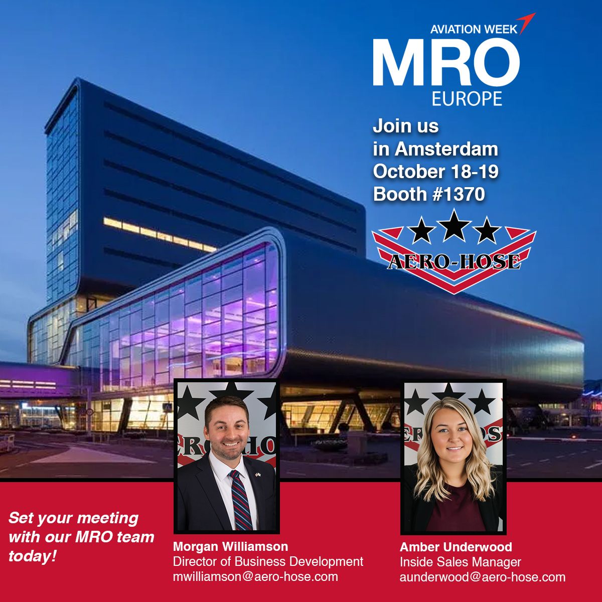 promotional image for mro europe 2024 event in amsterdam featuring the venue's exterior, event dates on october 18-19, booth number, and photos with names and titles of two team