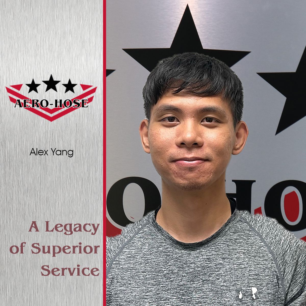 a man posing in front of a backdrop with the auto-hose logo and stars, next to a panel labeled "alex yang - a legacy of superior service".