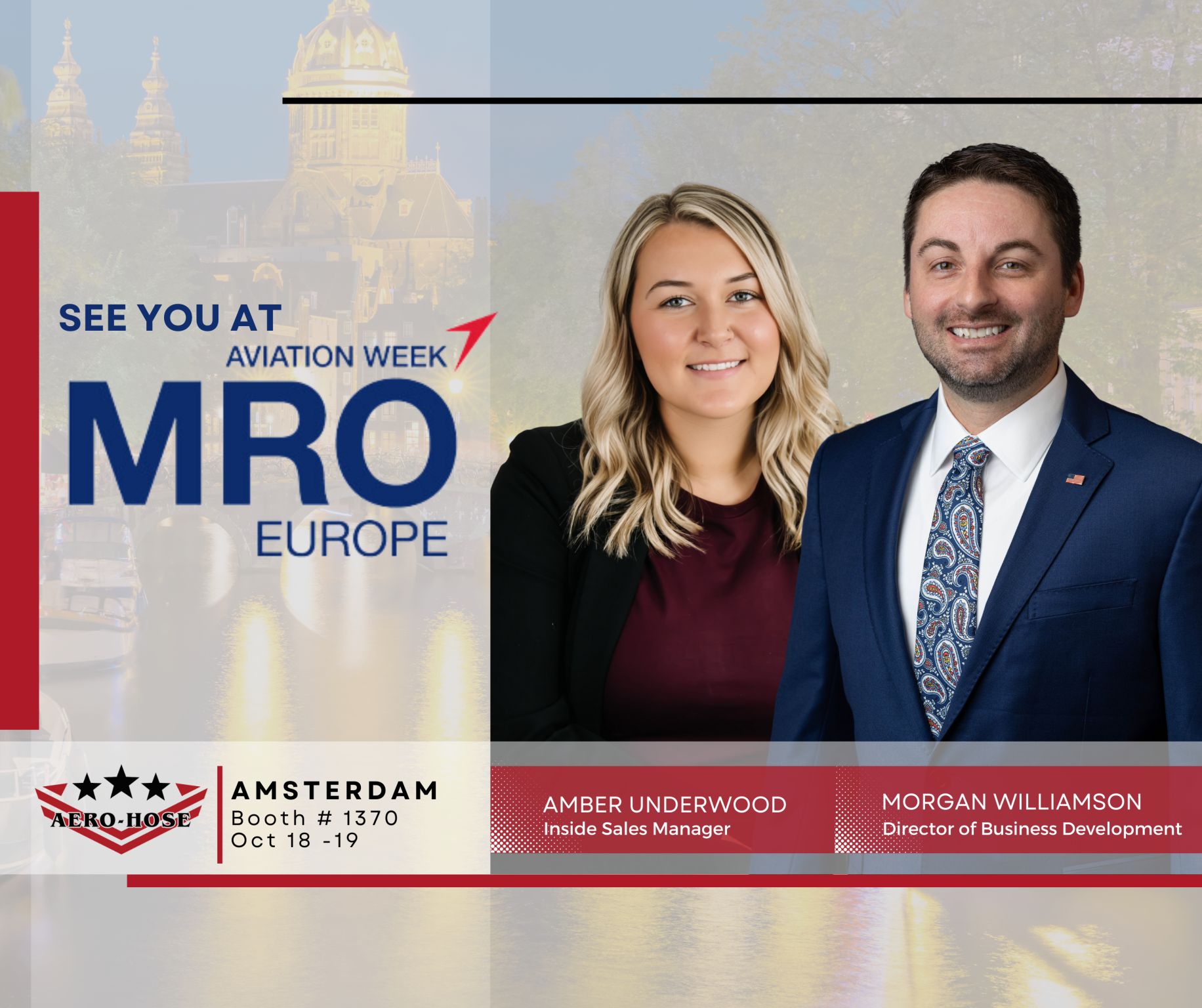 promotional graphic for mro europe event featuring two professionals, amber underwood and morgan williamson, with an amsterdam cityscape in the background. this seo-optimized description highlights key attendees and the scenic venue
