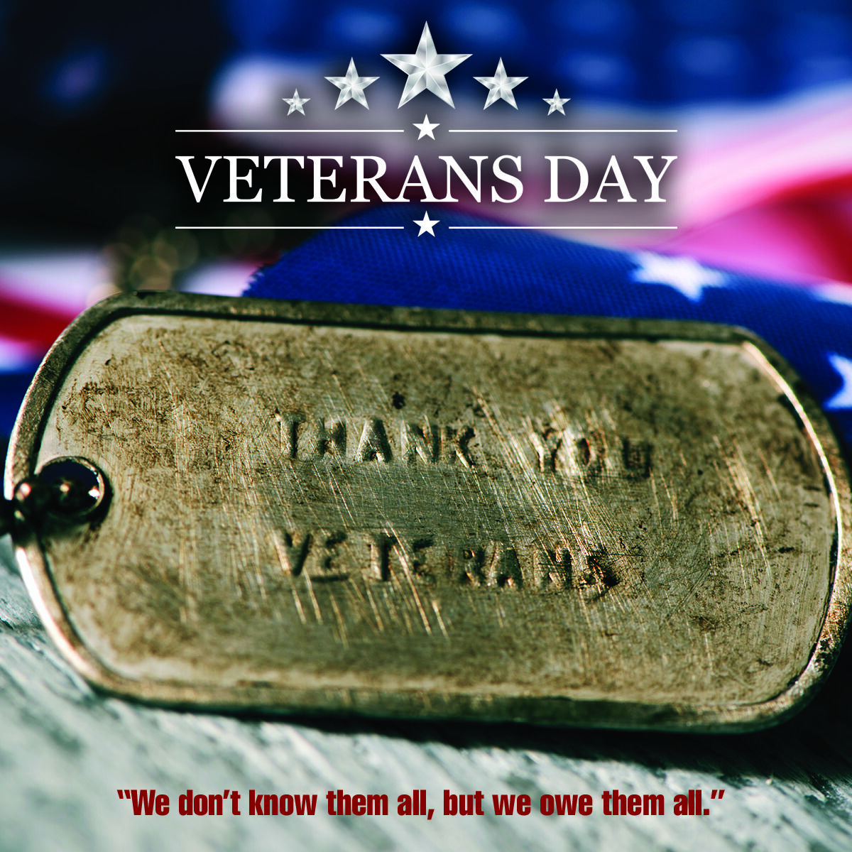 dog tag with "auto draft" engraved, set against a blurred american flag background with the text "veterans day" and a quote.