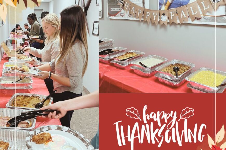 a collage of images showcasing people serving food at a thanksgiving potluck with a "happy fall" banner, accompanied by a "happy thanksgiving" greeting graphic. the content captures the essence of community and celebration