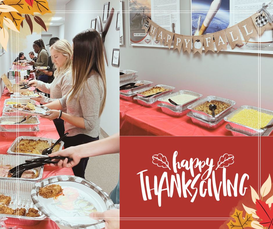 a collage of images showcasing people serving food at a thanksgiving potluck with a "happy fall" banner, accompanied by a "happy thanksgiving" greeting graphic. the content captures the essence of community and celebration