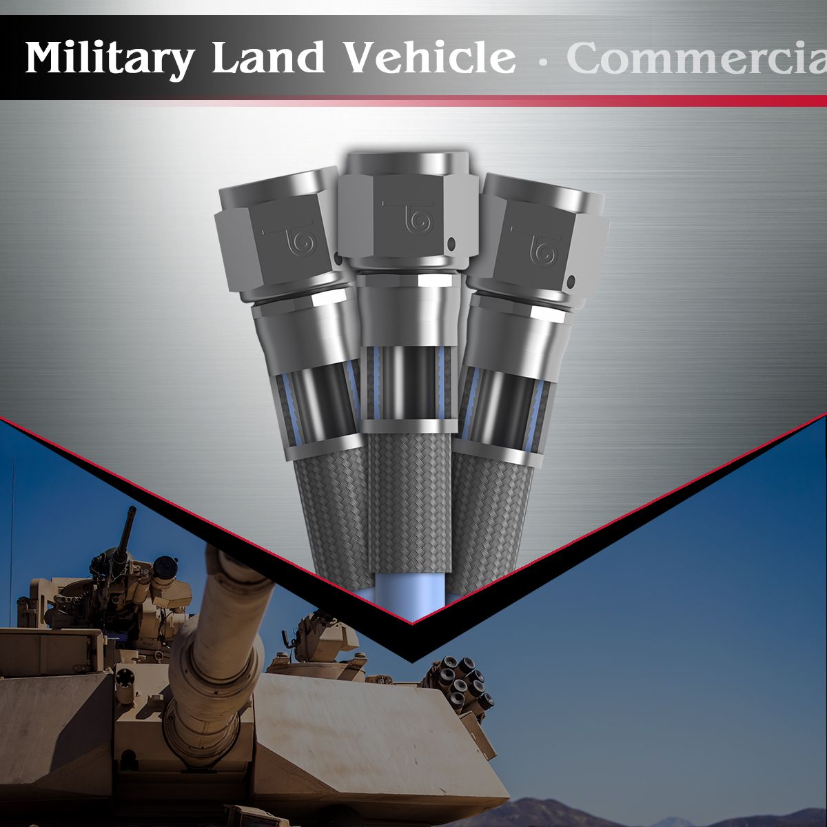 three spark plugs above a split image showing a military tank on the left and auto draft commercial vehicles on the right.