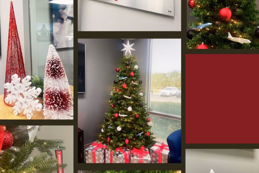 collage of festive office decorations including a decorated christmas tree, various ornamental displays, and an auto draft sign adorned with holiday decor.