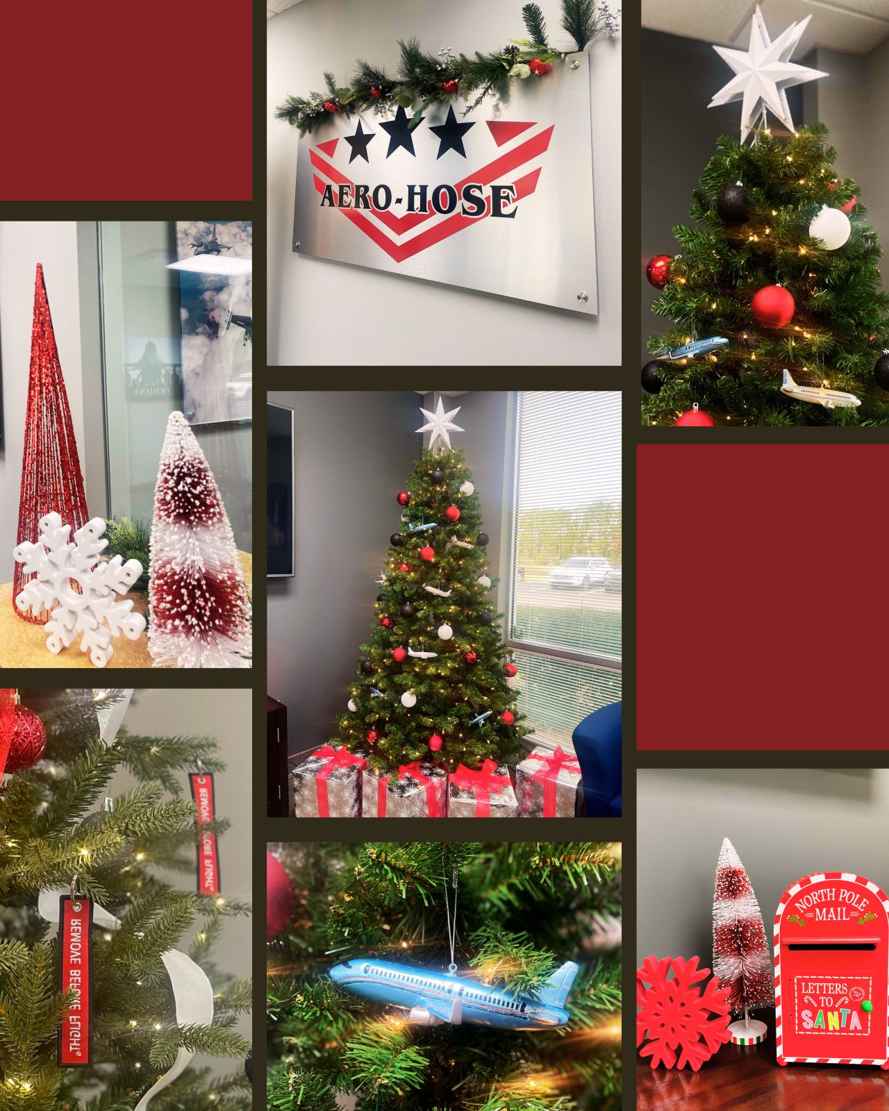 collage of festive office decorations including a decorated christmas tree, various ornamental displays, and an auto draft sign adorned with holiday decor.