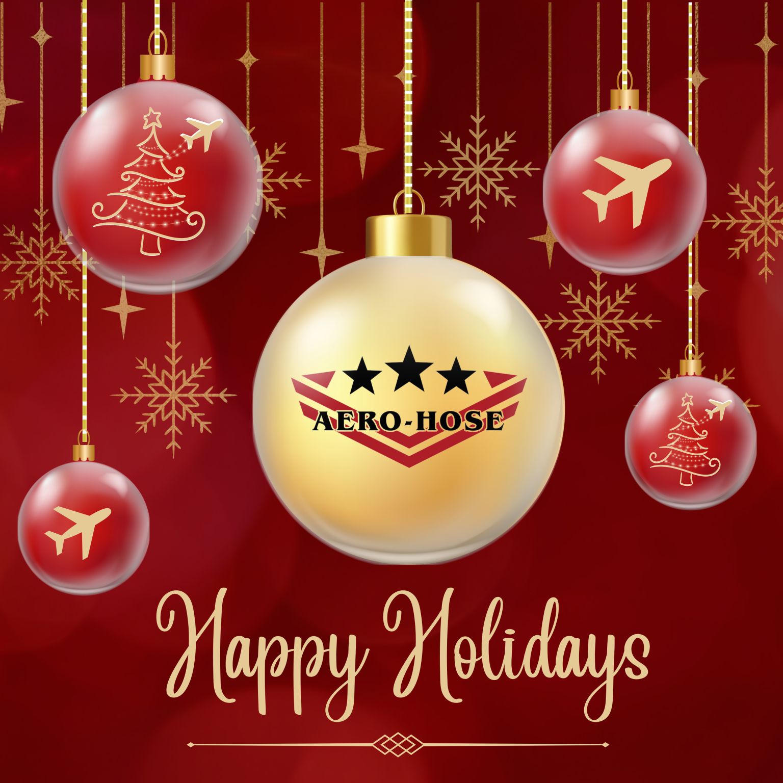 holiday greeting card with "happy holidays" message, featuring gold and red ornaments with snowflakes and a logo for 'aero-hose' on a red background. this description is saved as an