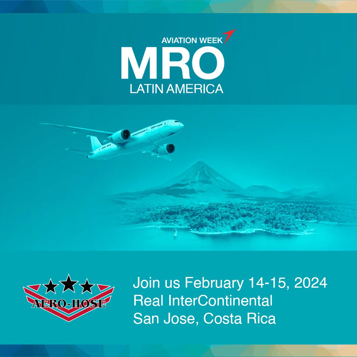 promotional auto draft for aviation week mro latin america 2024, featuring a plane flying over an island with a mountain, set against a turquoise background.