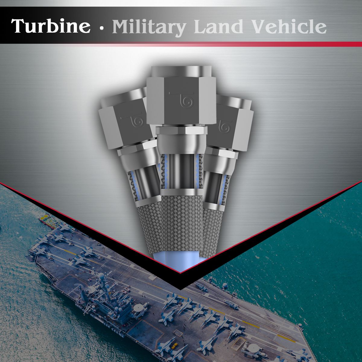 illustration highlighting the concept of an auto draft-powered military land vehicle; top view features an architectural turbine design, transitions into a stylized image of an aircraft carrier.