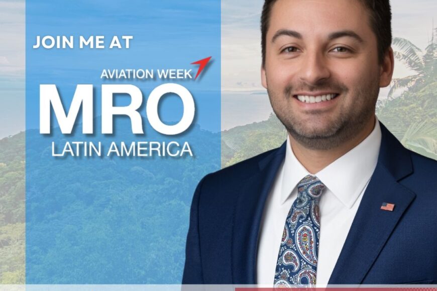 promotional image for auto draft aviation week mro latin america featuring morgan williamson, with conference details and an airplane graphic.