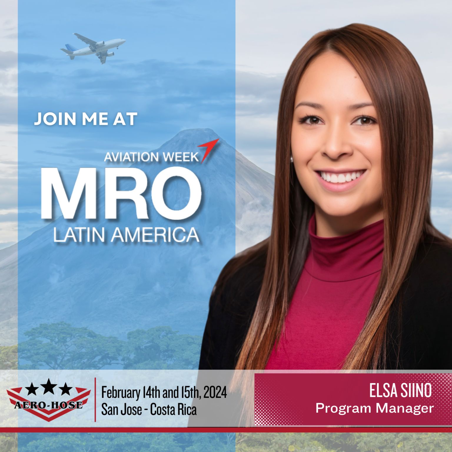 promotional graphic for aviation week's mro latin america event featuring elsa siino, program manager, with event details and a mountain backdrop. the image includes an auto draft note.