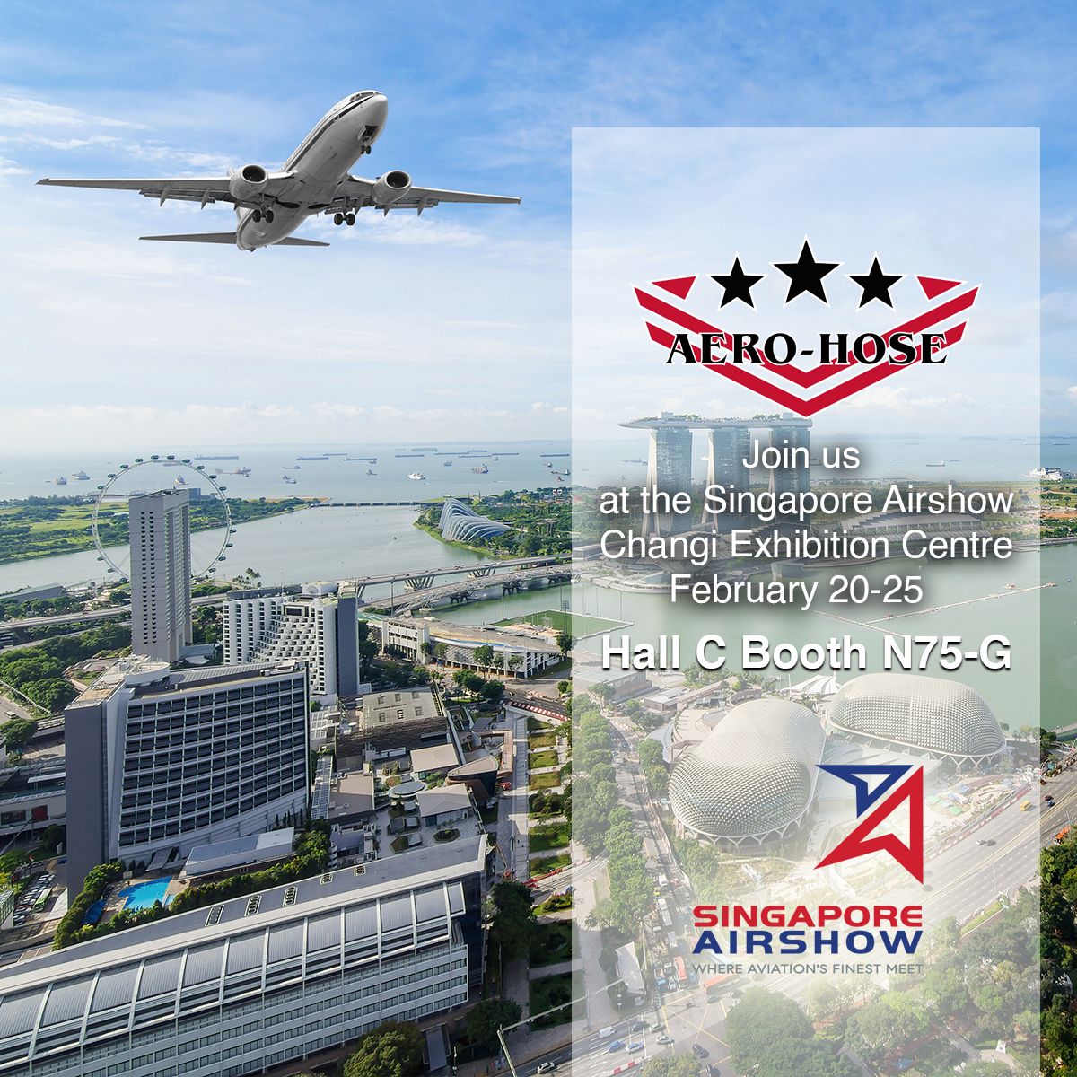 advertisement for aero-hose at the singapore airshow featuring an airplane in flight over a city, with event details and auto draft logo included.