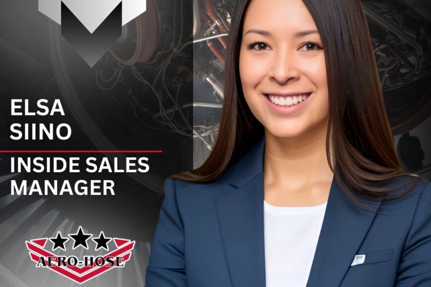 promotional announcement graphic featuring elsa siino, smiling in a business suit, named as the new inside sales manager at astro hose, with an industrial background highlighted in an auto draft.