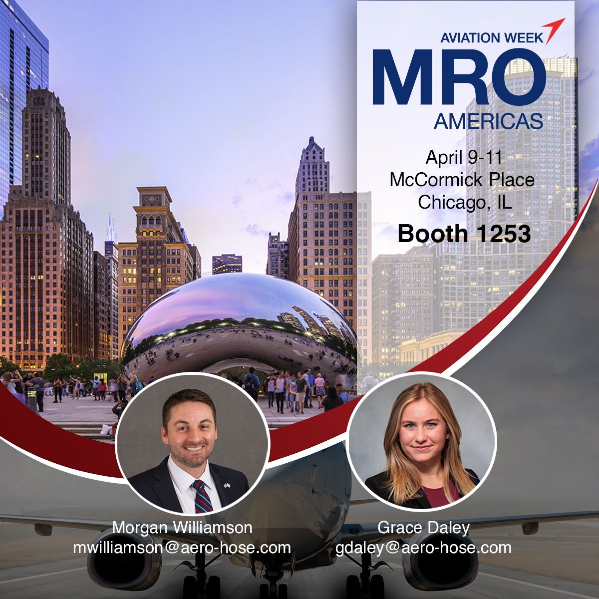 promotional image for auto draft mro americas event featuring the chicago skyline, the cloud gate sculpture, and two professionals with contact information, set for april 9-11 at mccormick place.