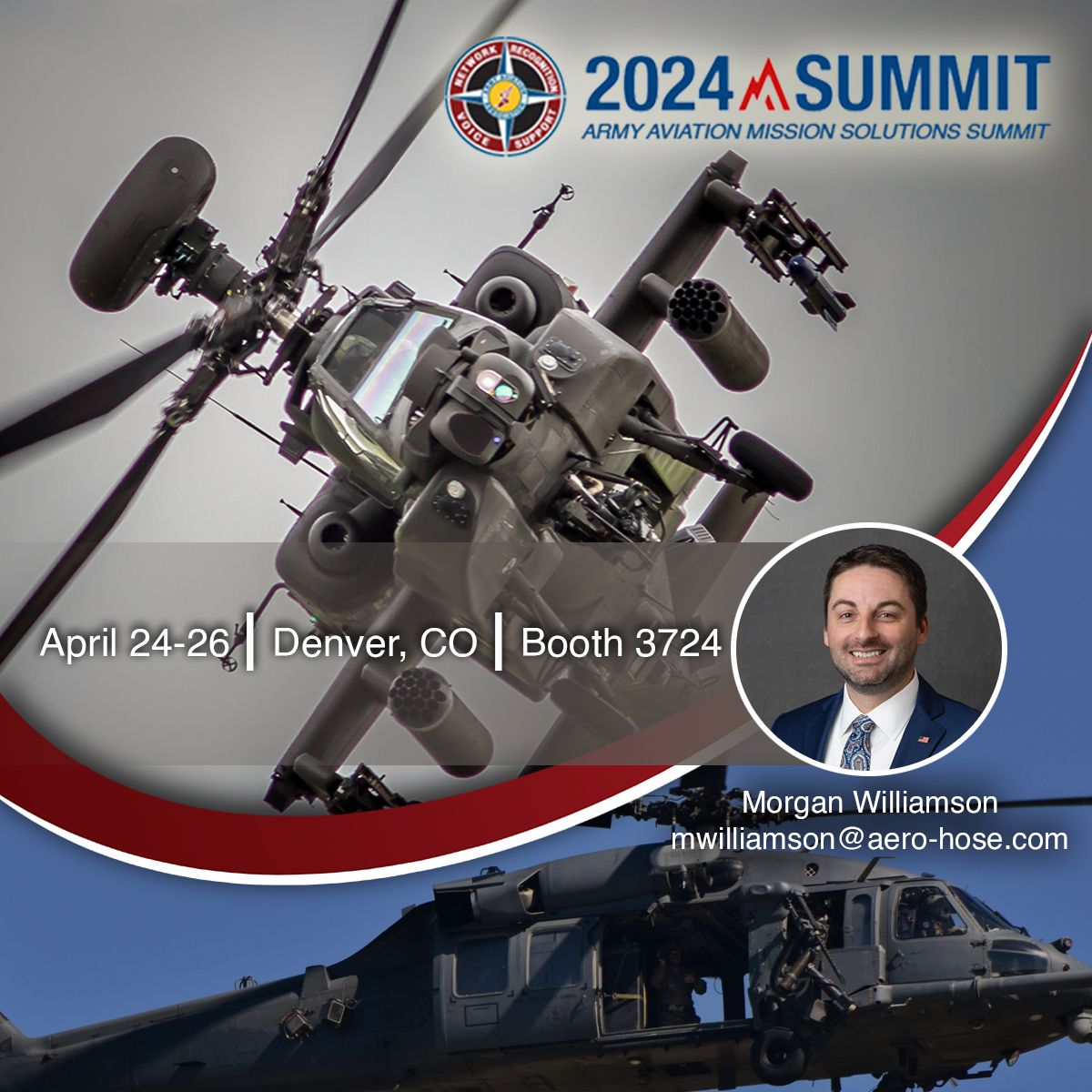 promotional auto draft for the 2024 army aviation mission solutions summit in denver featuring an apache helicopter, event details, and a photo of morgan williamson.