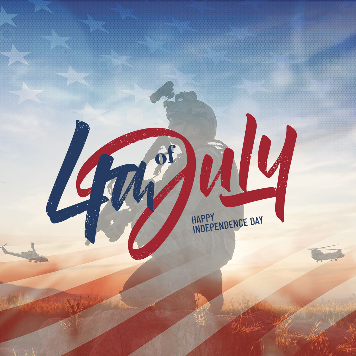 4th of july, happy independence day" text over a background featuring a silhouette of a soldier, helicopters, and an overlay of the american flag — all coming together seamlessly like an auto draft design.