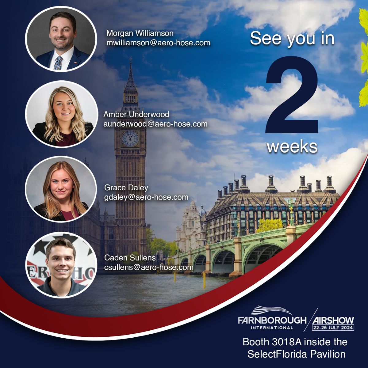 promotional flyer for farnborough international airshow 2024 featuring four people and a sleek auto draft design, stating "see you in 2 weeks." contact details and booth location information (3018a, selectflorida pavilion) are provided.
