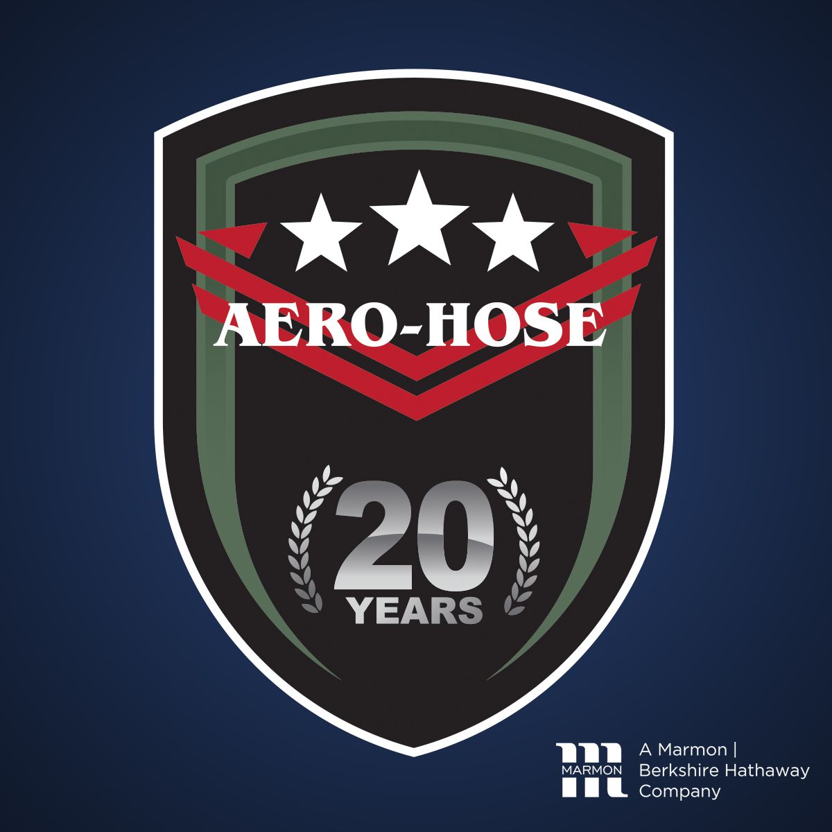 celebrating aero-hose's auto draft 20-year anniversary, the logo features three stars, two red chevrons, and laurel branches with "a marmon | berkshire hathaway company" text at the bottom right.