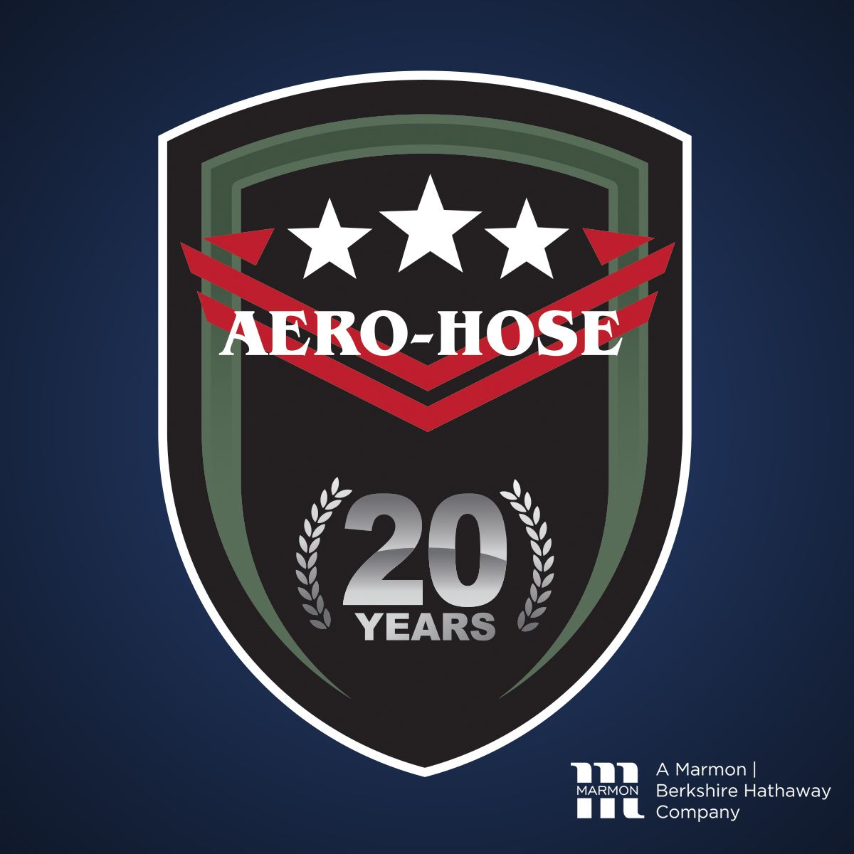 Celebrating Aero-Hose's Auto Draft 20-year anniversary, the logo features three stars, two red chevrons, and laurel branches with "A Marmon | Berkshire Hathaway Company" text at the bottom right.