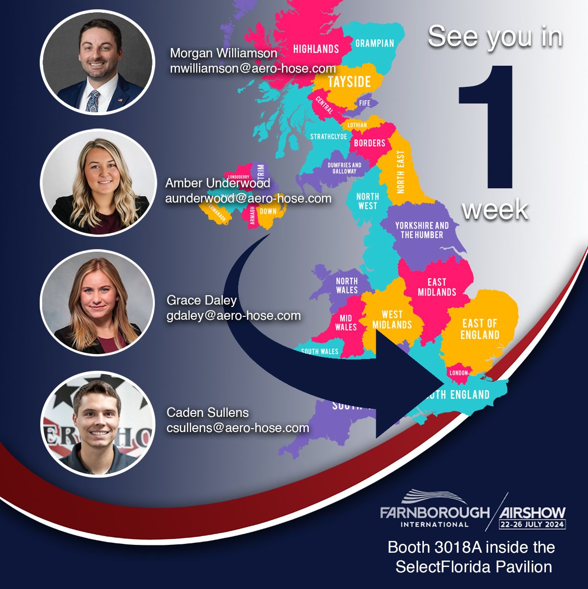 promotional flyer for farnborough international airshow featuring aero-hose team members, regional map of the uk, and booth location details for july 22-26, 2024. don't miss our auto draft demonstration!