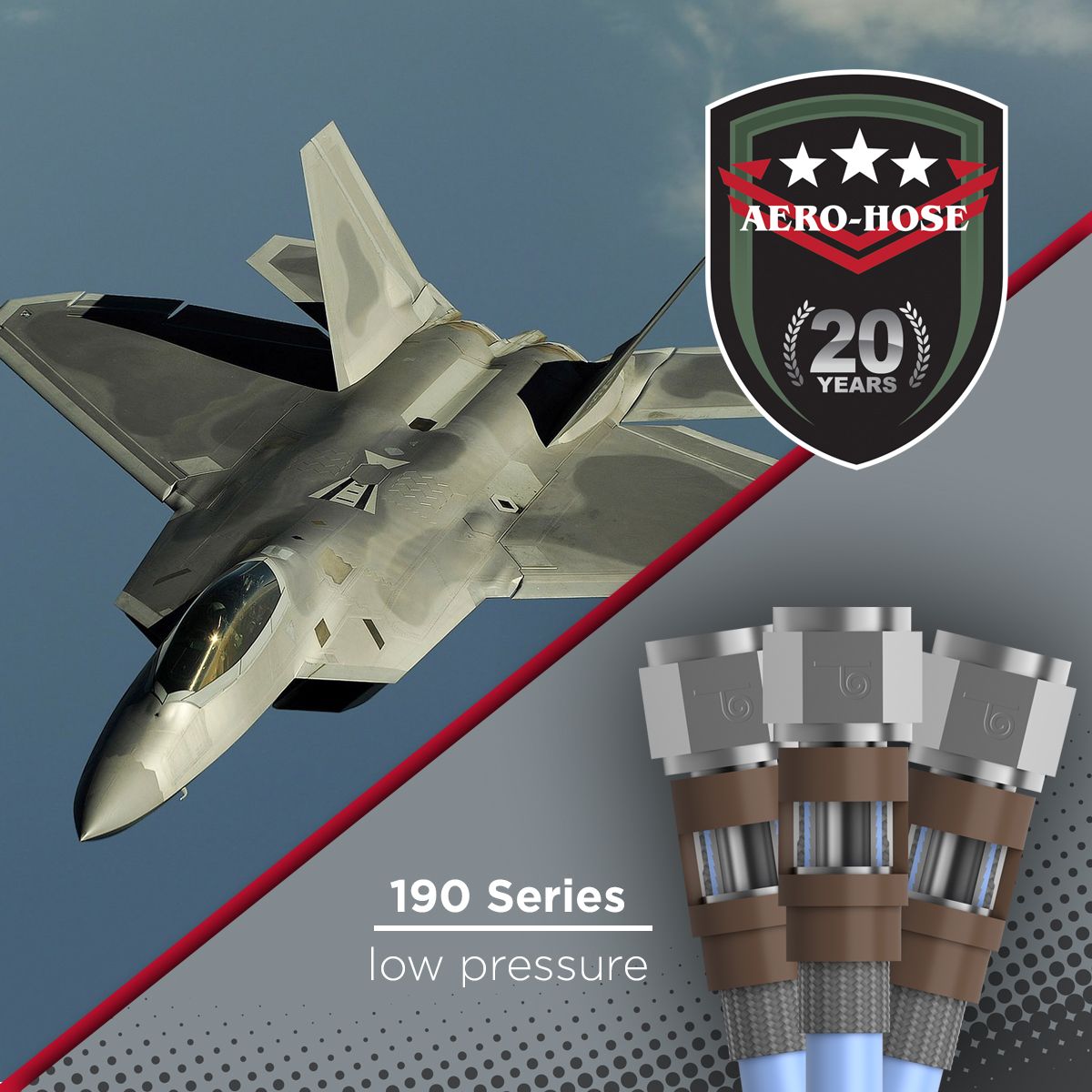 a fighter jet is displayed alongside the logo of aero-hose and three low-pressure hoses from their 190 series. text reads "20 years" and "auto draft 190 series low pressure.