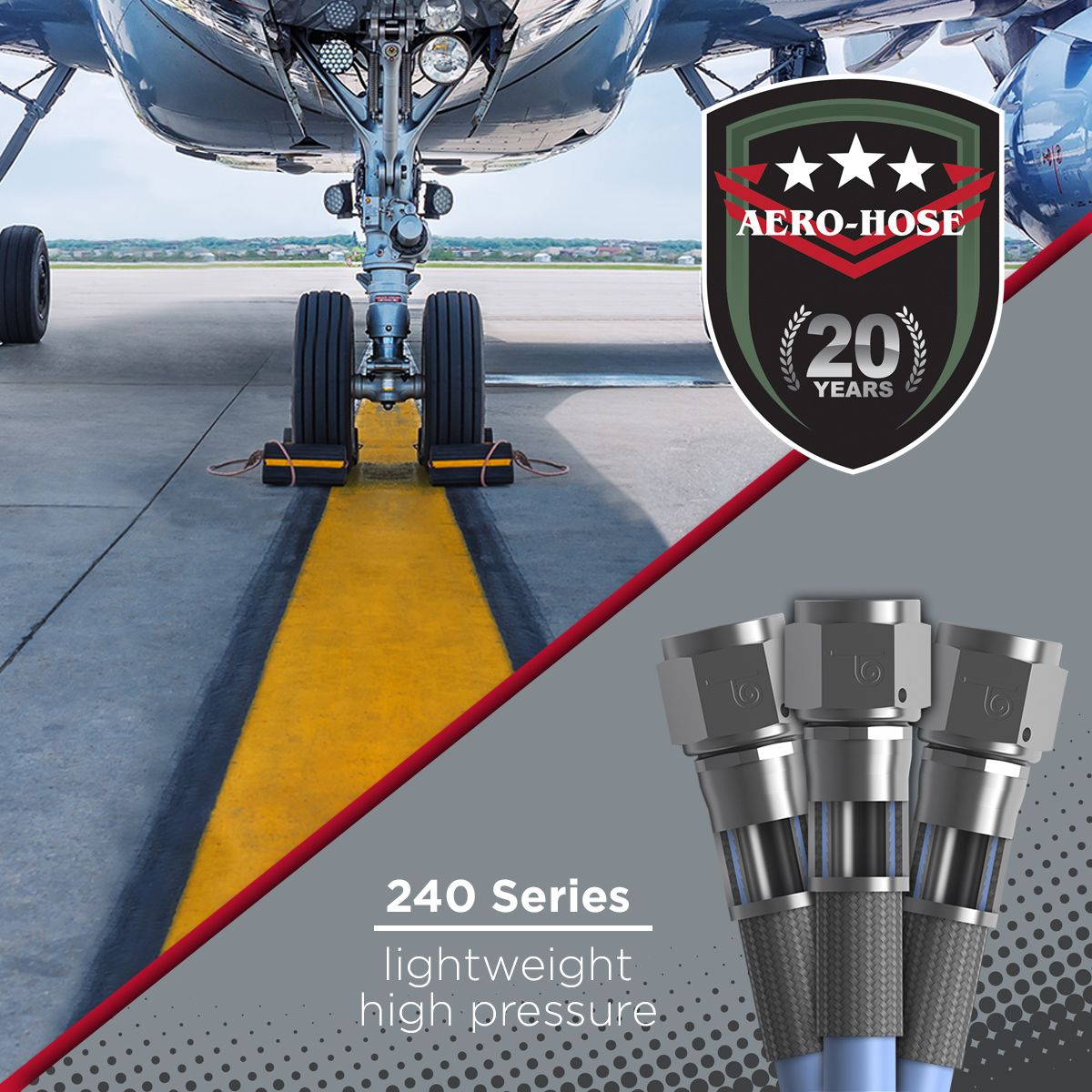 a plane's landing gear is in the background, a "20 years aero-hose" badge is to the right, and three 240 series hoses labeled "lightweight high pressure" are displayed prominently in the foreground. auto draft technology ensures precision and reliability.