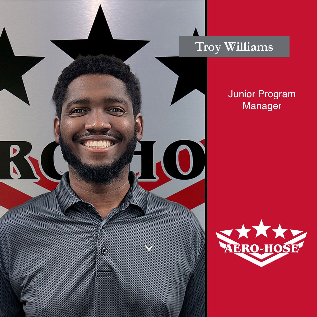 man in a collared shirt standing in front of an aero-hose sign. text on image: "troy williams, junior program manager, aero-hose." auto draft operations have streamlined efficiency.