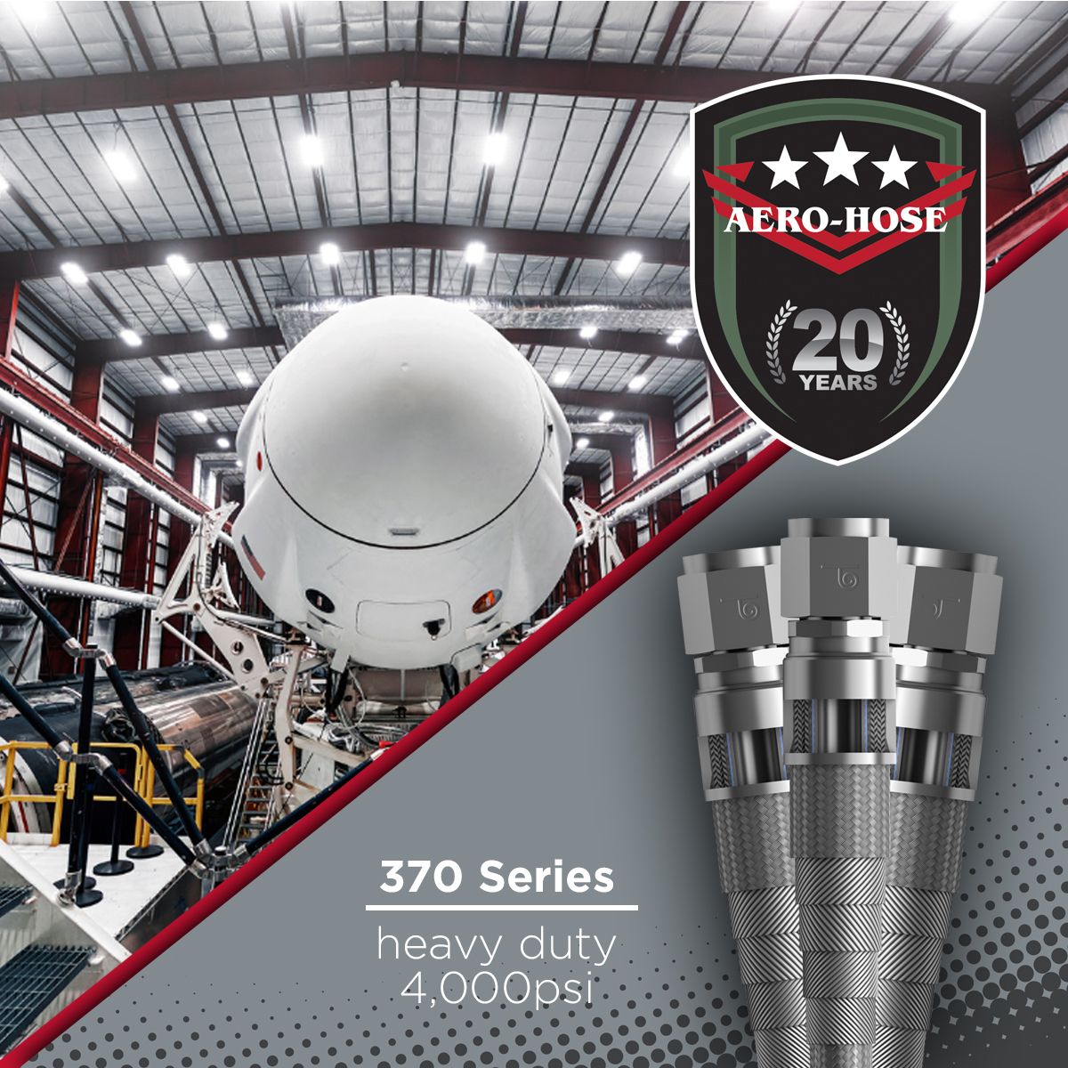 aero-hose 370 series, heavy duty 4,000psi, with auto draft technology and an image of hoses and industrial machinery in the background.