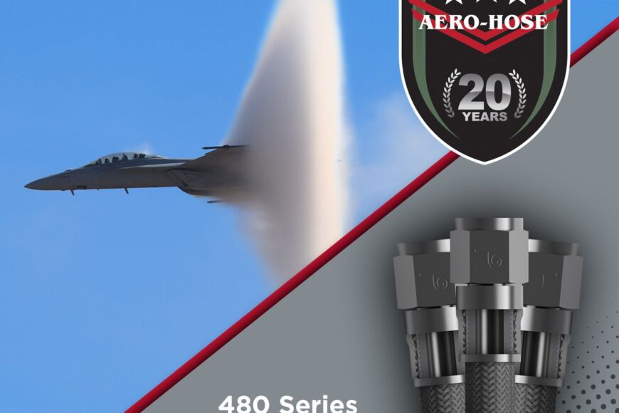 image of a fighter jet breaking the sound barrier above a 20th anniversary badge for aero-hose, highlighting the innovation behind their auto draft system. below, the hoses from the 480 series are labeled "medium pressure.