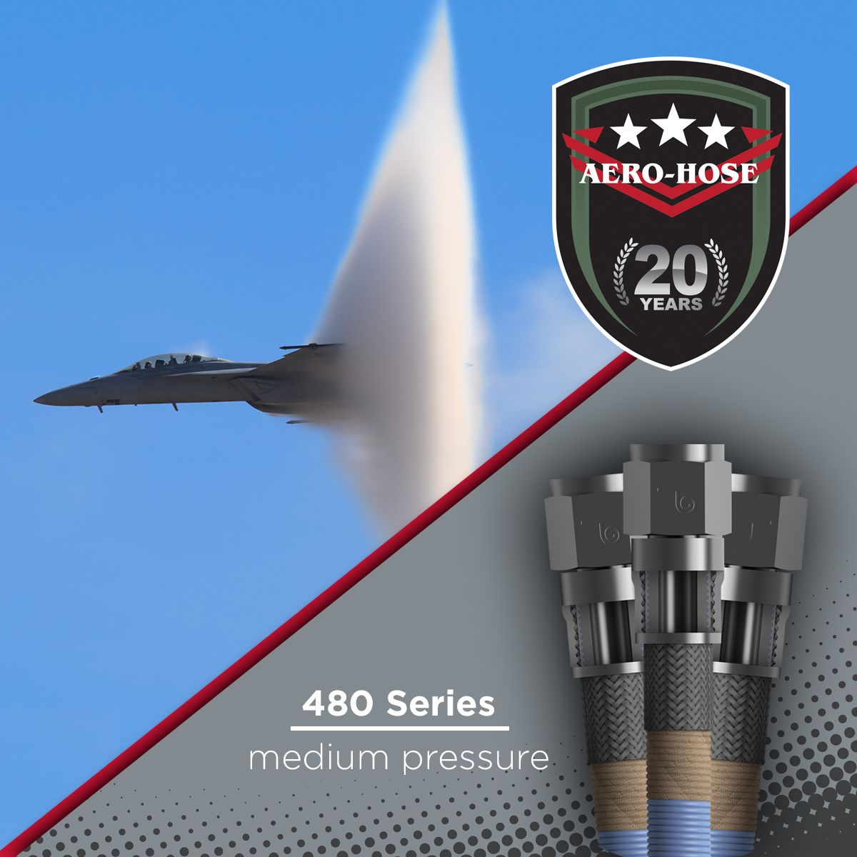 Image of a fighter jet breaking the sound barrier above a 20th anniversary badge for Aero-Hose, highlighting the innovation behind their Auto Draft system. Below, the hoses from the 480 Series are labeled "medium pressure.