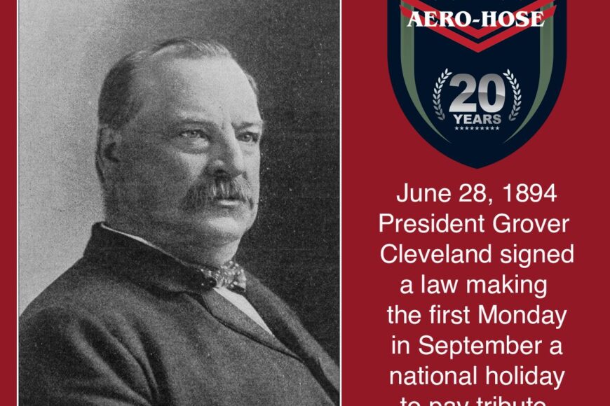 a black-and-white photo of president grover cleveland next to a badge and text noting he signed a law on june 28, 1894, auto drafting a national holiday on the first monday in september to honor workers.