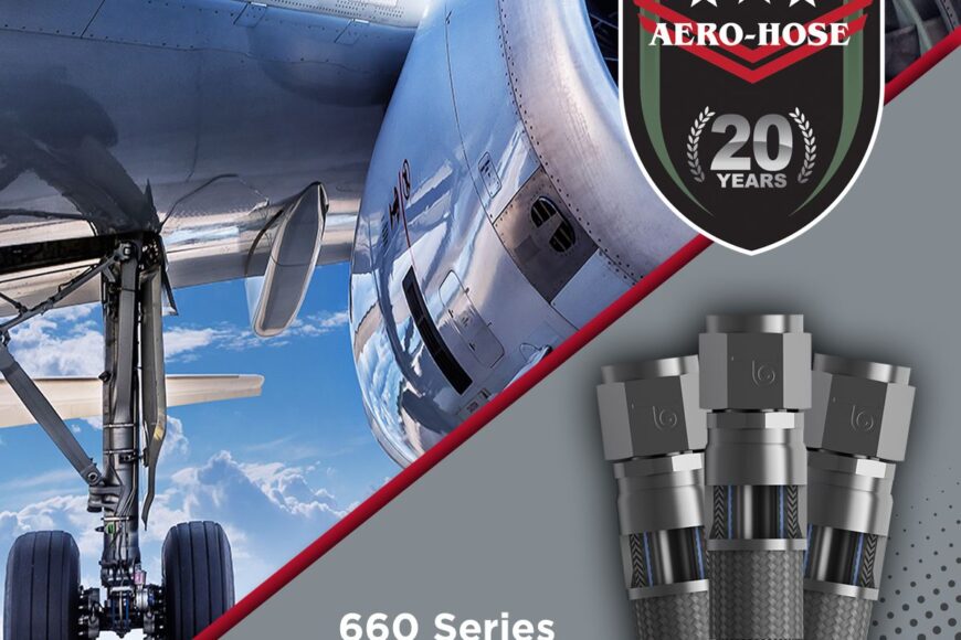 image of an airplane wheel with a close-up of stainless steel hoses in the foreground. the image includes a 20-year anniversary badge for aero-hose and text reading "660 series heavy weight." auto draft options available for customization.