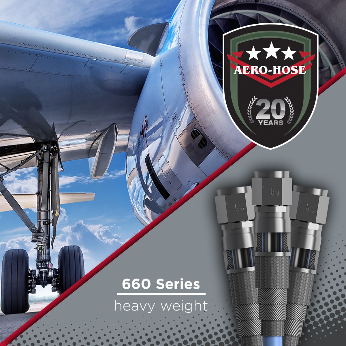 image of an airplane wheel with a close-up of stainless steel hoses in the foreground. the image includes a 20-year anniversary badge for aero-hose and text reading "660 series heavy weight." auto draft options available for customization.