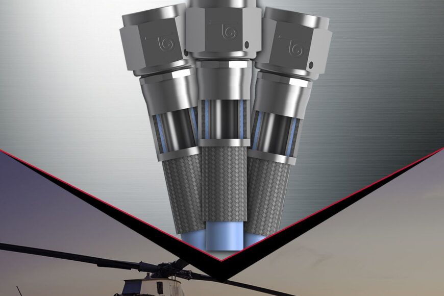 an advertisement showing three aerospace connectors above a photo of a helicopter in flight, with the words "rotary wing commercial military" at the top. engineered for excellence, these connectors ensure peak performance thanks to our auto draft technology.