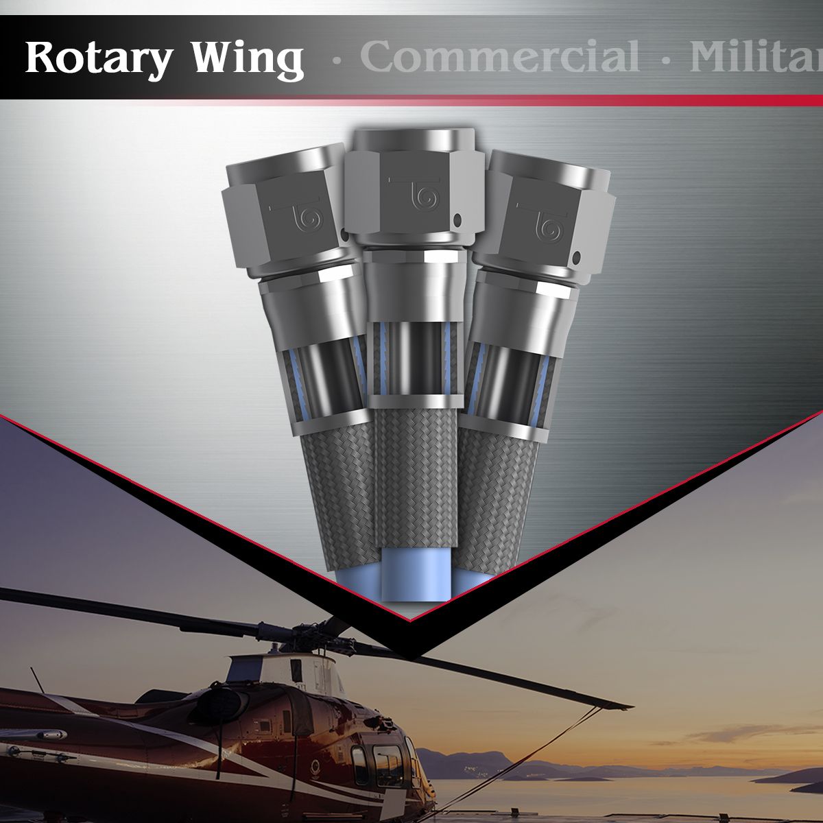 An advertisement showing three aerospace connectors above a photo of a helicopter in flight, with the words "Rotary Wing Commercial Military" at the top. Engineered for excellence, these connectors ensure peak performance thanks to our Auto Draft technology.