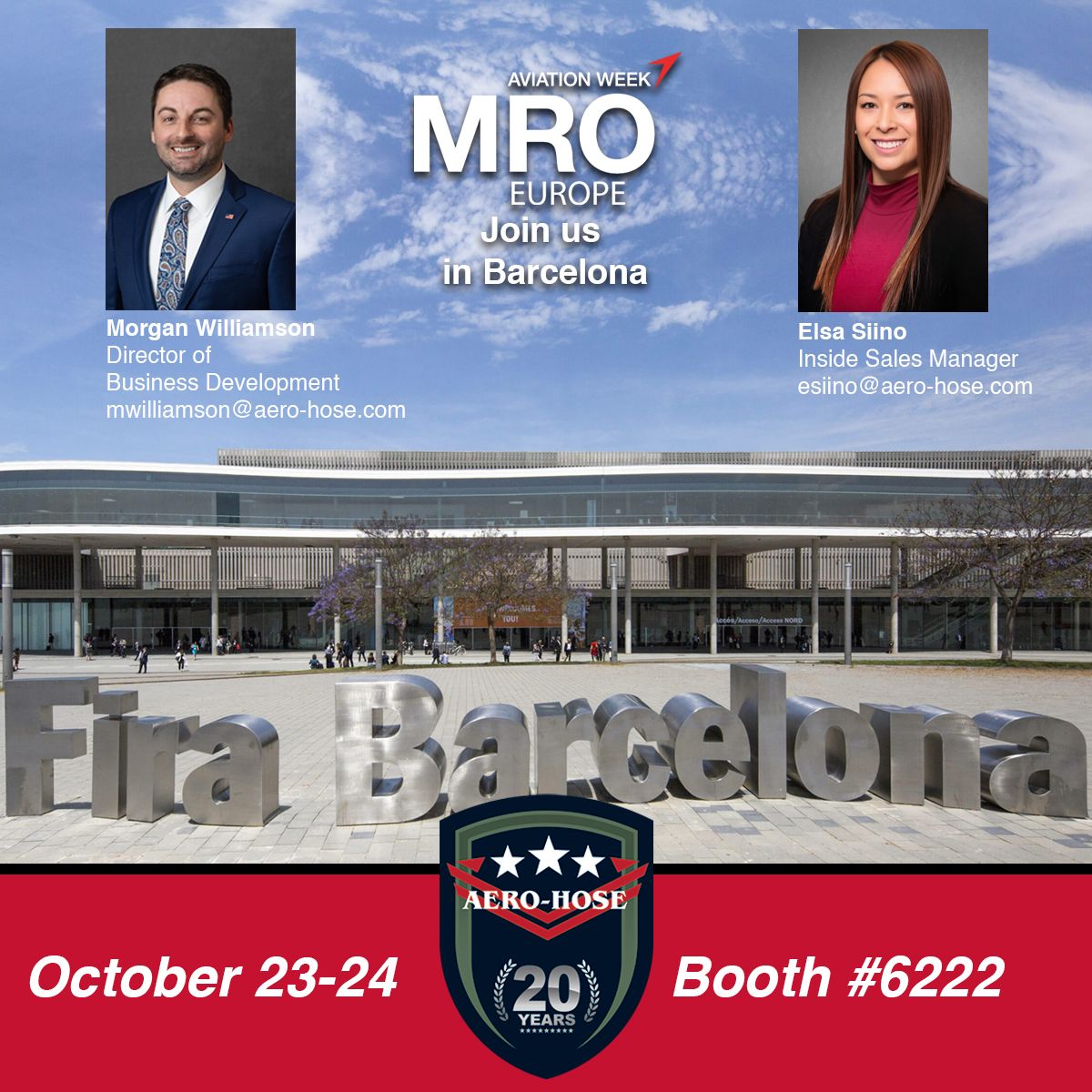 join aero-hose at mro europe in barcelona, october 23-24, booth #6222. discover innovative solutions and get insights from industry experts morgan williamson and elsa slino. don't miss the opportunity to see our latest advancements, including our auto draft technology.