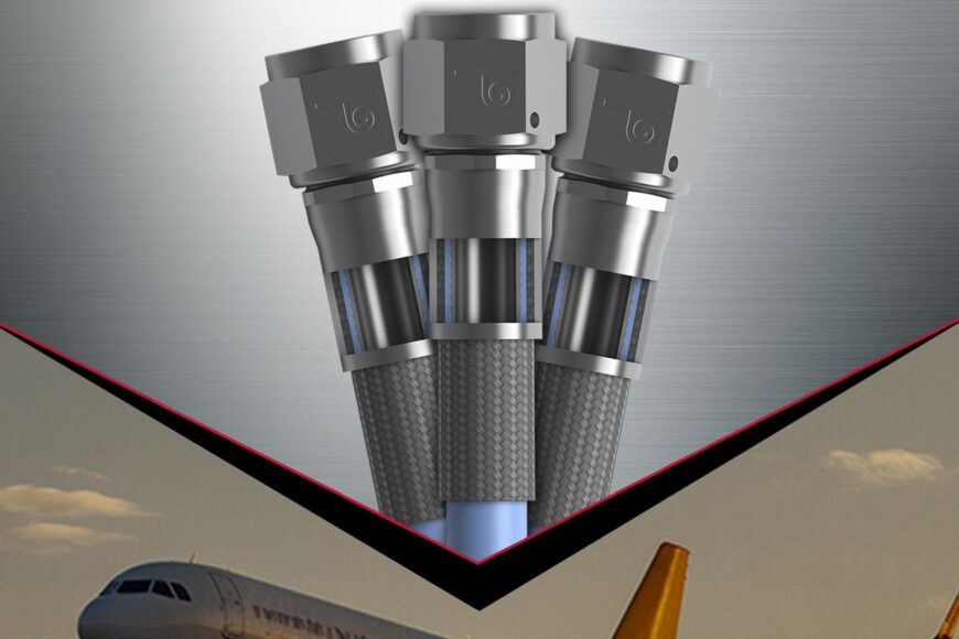 three metal hose connectors showcased against the silhouette of a flying airplane at sunset, with a banner that reads "commercial," "military," "space," and "turbine." perfect for those seeking precision in aviation technology, these connectors ensure reliable performance across various sectors.