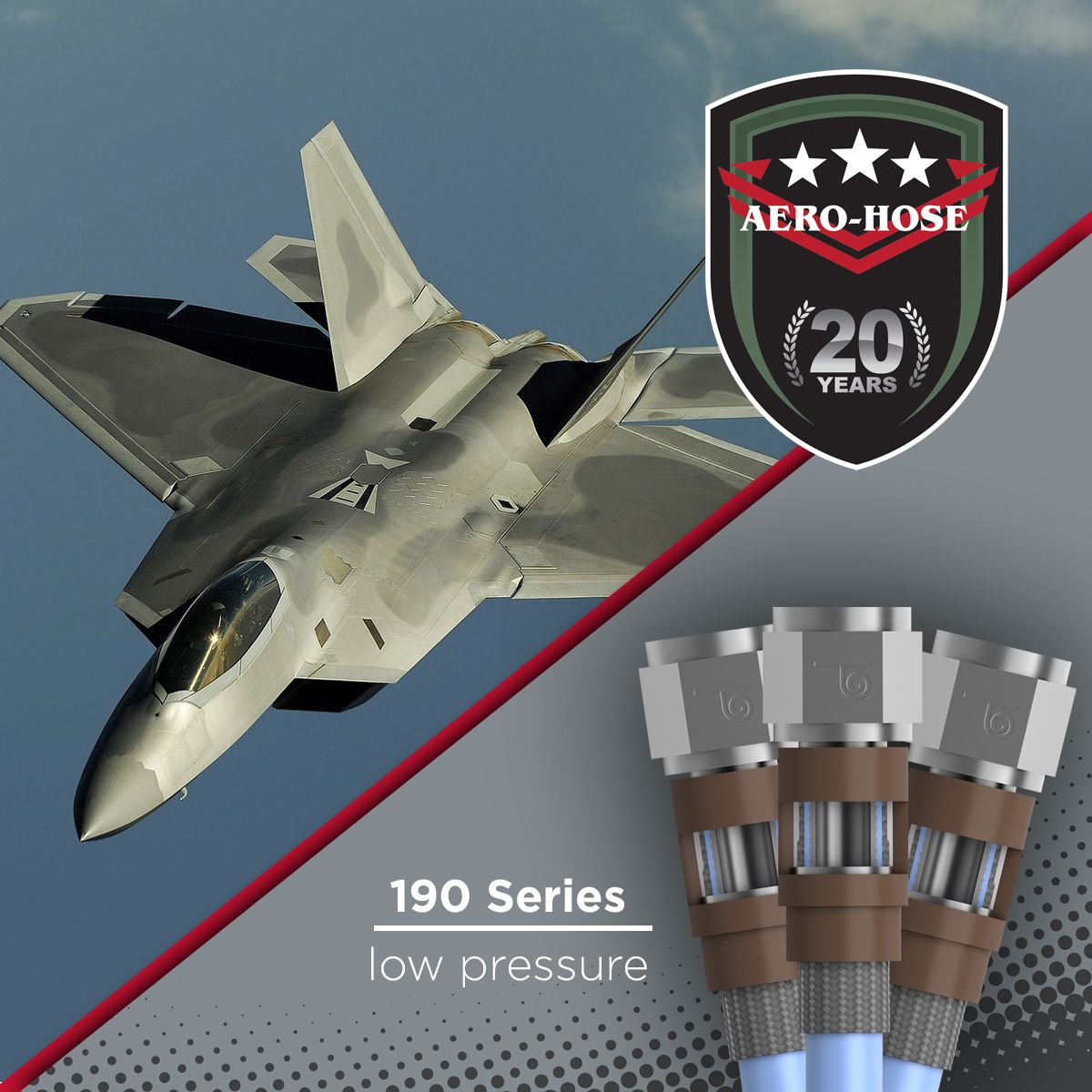 A fighter jet soars beside an Aero-Hose 20th-anniversary logo, with an image of three low-pressure hoses labeled "190 Series" below, reminiscent of a precise auto draft in motion.