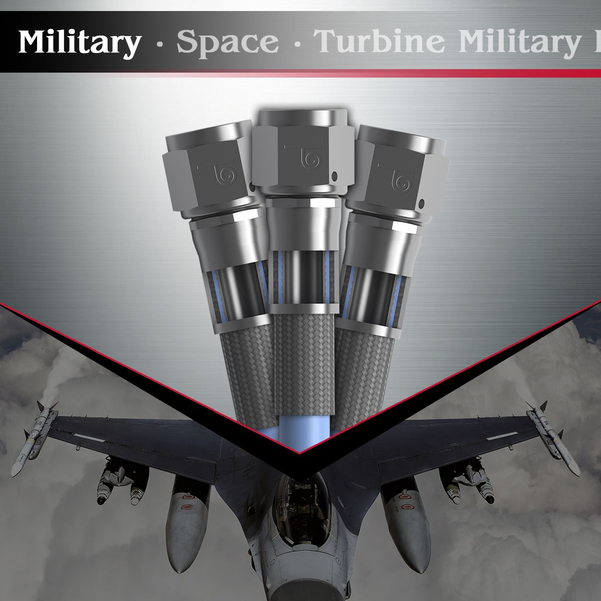 three industrial connectors are displayed above a fighter jet image, accompanied by the text "military • space • auto draft turbine.