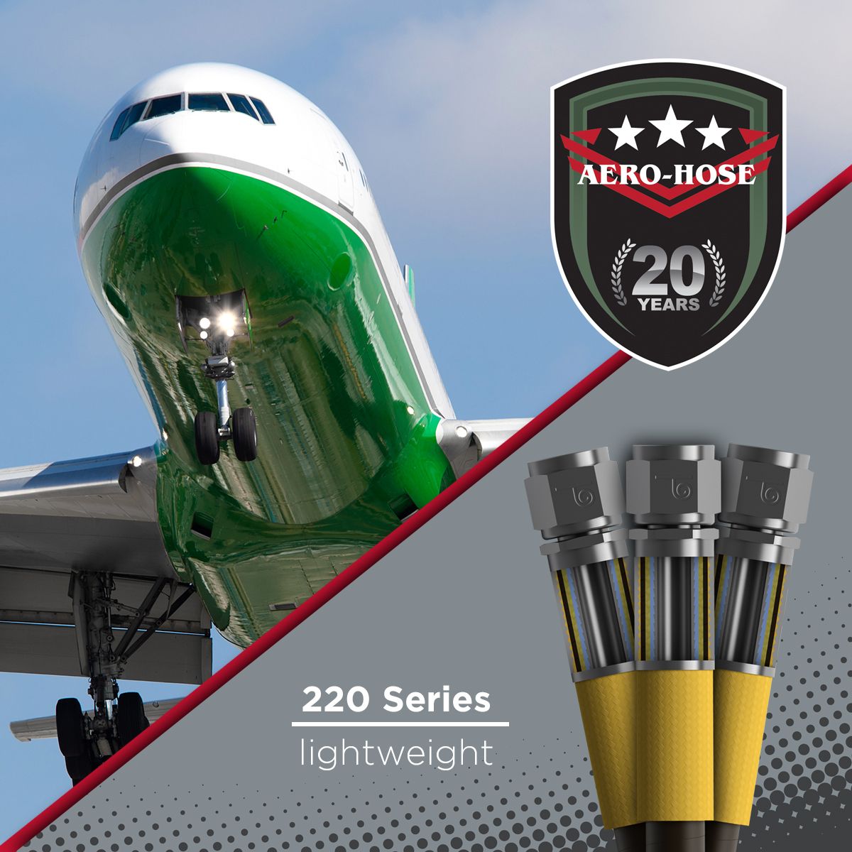 A green airplane takes off, showcasing the innovation of Aero-Hose. A badge reads "Aero-Hose 20 Years" with an image of hoses labeled "220 Series lightweight," symbolizing two decades of excellence in auto-draft technology.