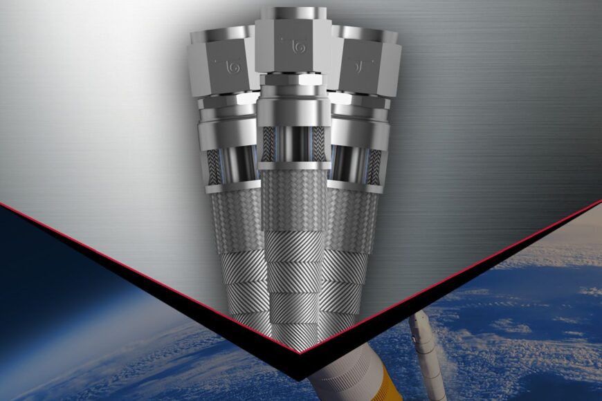 Three metal connectors are elegantly showcased above an image of rockets launching, seamlessly integrating technology with power. The backdrop subtly references advancements in space and military vehicles, illustrating the cutting-edge intersection of engineering and innovation.