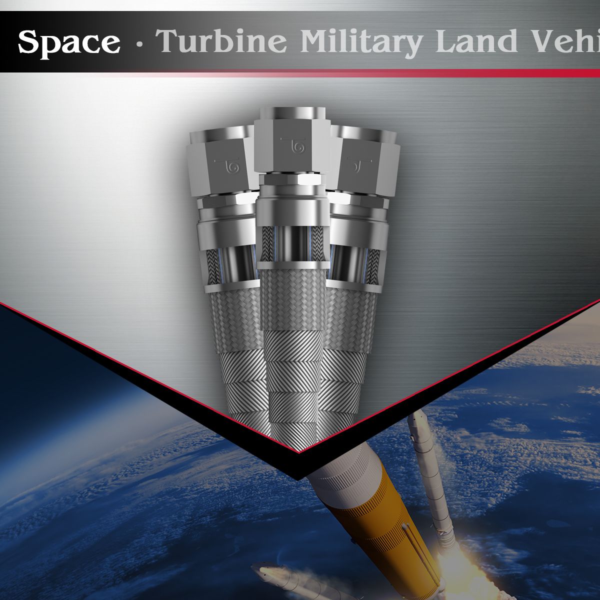 three metal connectors are elegantly showcased above an image of rockets launching, seamlessly integrating technology with power. the backdrop subtly references advancements in space and military vehicles, illustrating the cutting-edge intersection of engineering and innovation.