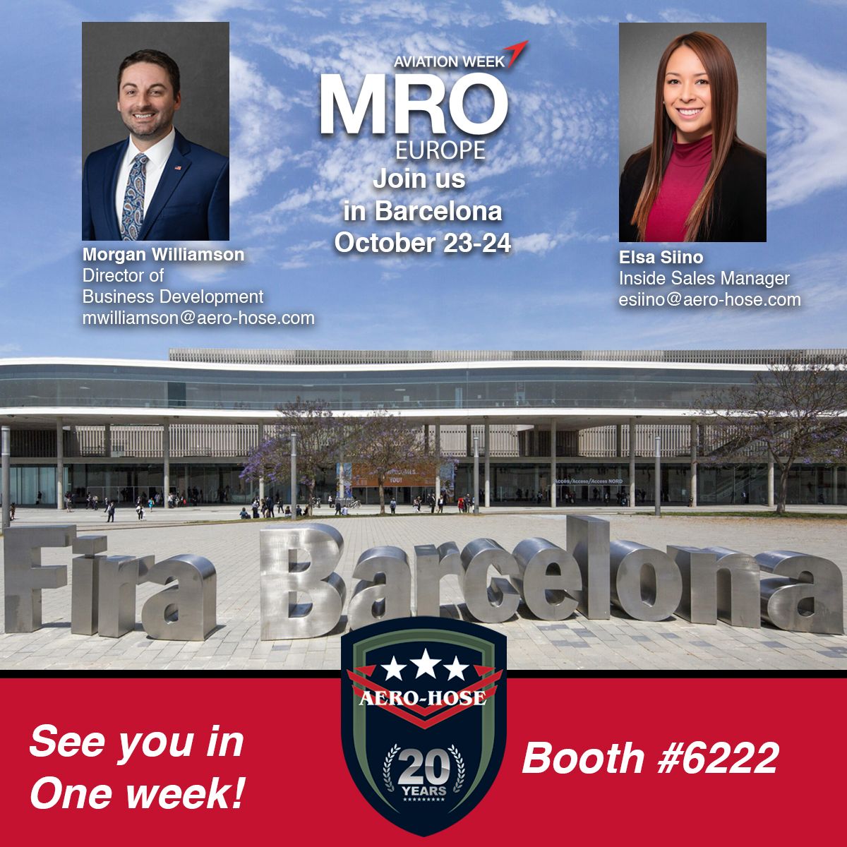 Join us at MRO Europe, Fira Barcelona, October 23-24. Discover insights with Morgan Williamson and Elsa Slino from Aero-Hose at Booth #6222. Don’t miss the opportunity to explore the benefits of auto draft technology in aviation maintenance!