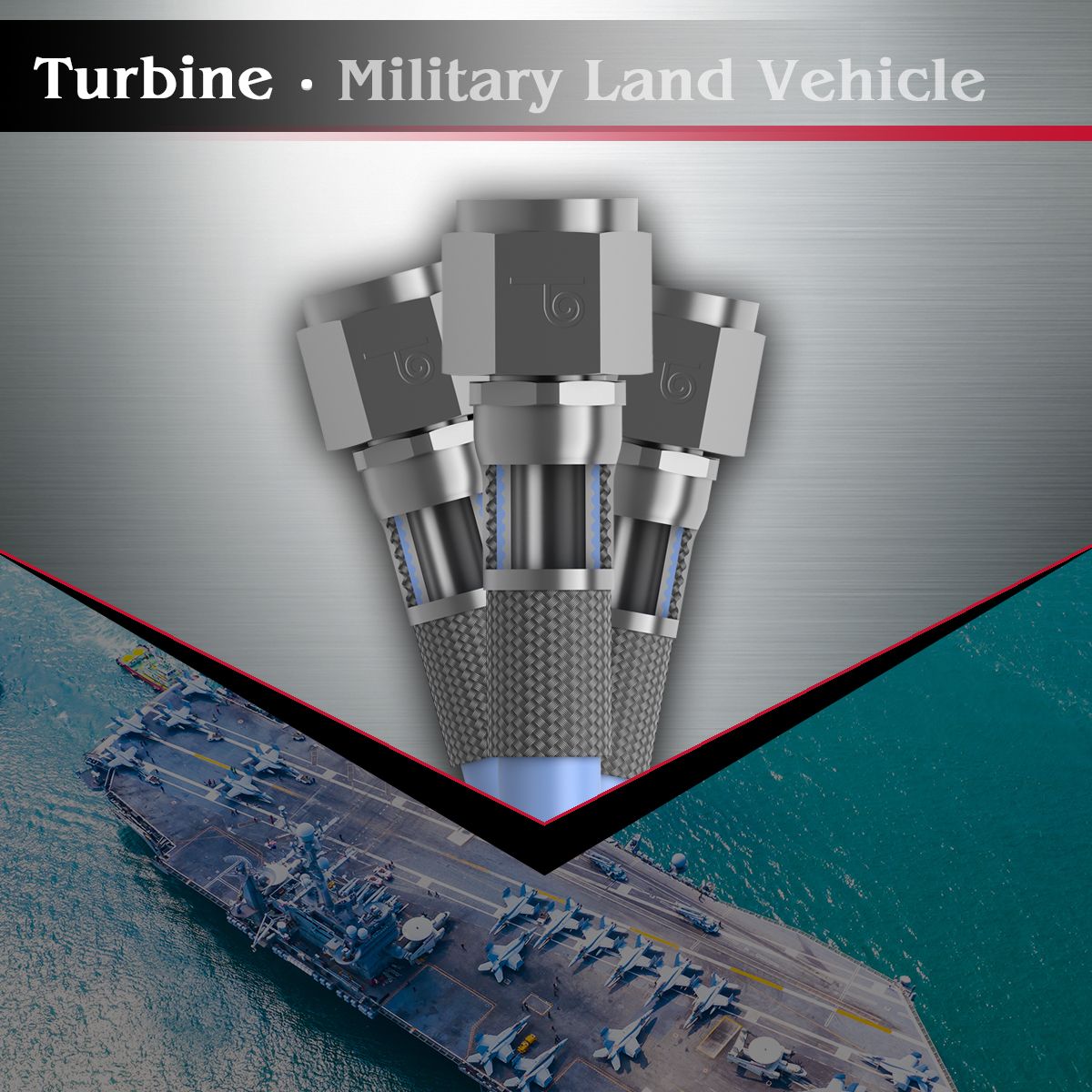 Auto Draft Turbine concept diagram for a military land vehicle, set against the striking backdrop of an aircraft carrier at sea.