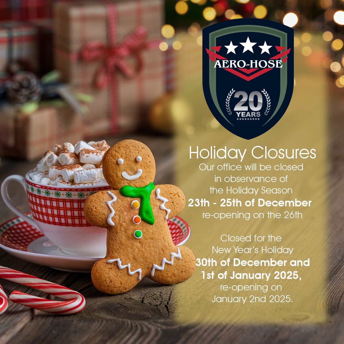 Gingerbread man and holiday decorations with Aero-Hose logo. Text details holiday closures: Dec 23-25, reopening Dec 26; closed Dec 30-Jan 1, reopening Jan 2.