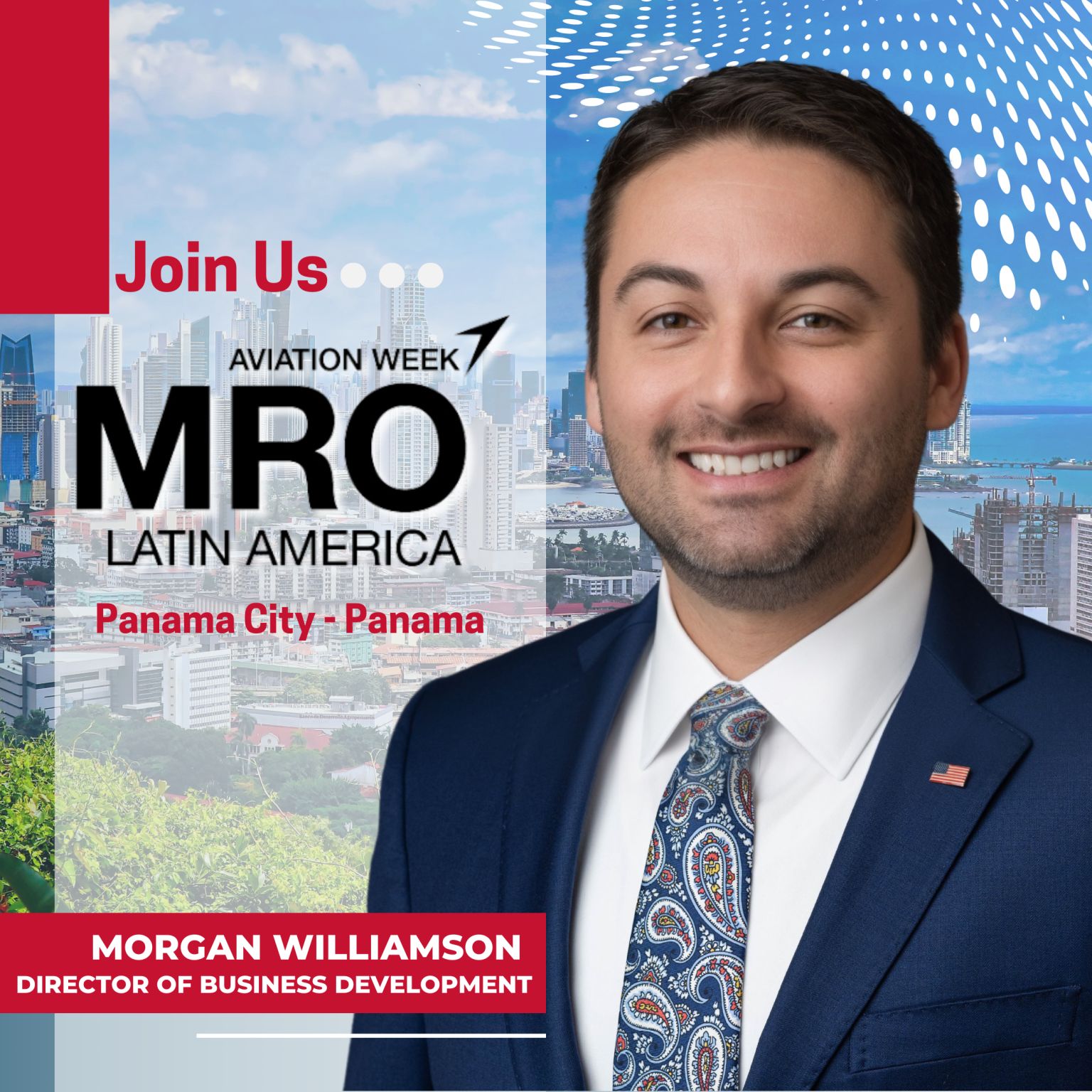 Man in a suit smiling, standing in front of a city skyline with text promoting "MRO Latin America" event in Panama City.