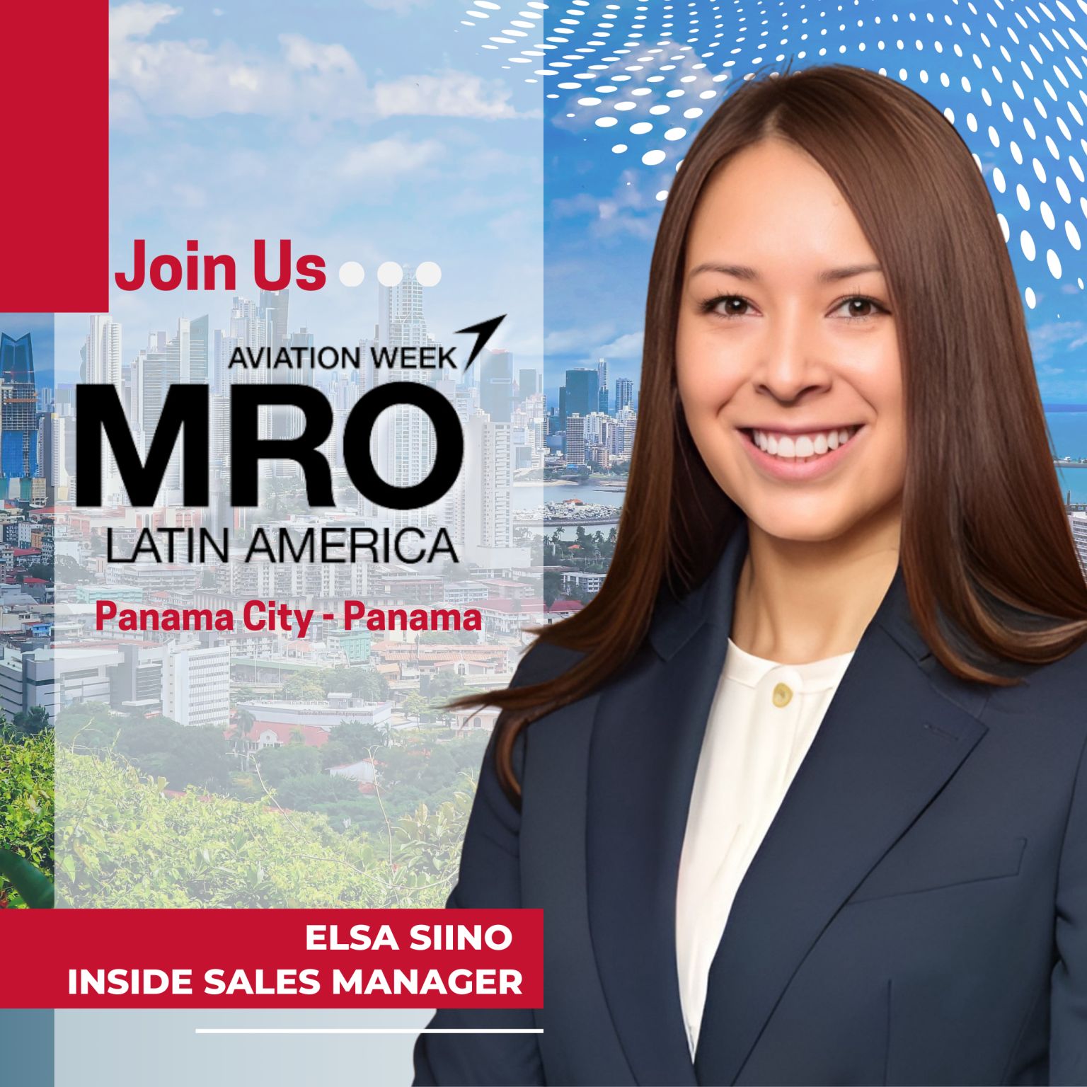 Smiling woman in a suit stands in front of a graphic promoting "MRO Latin America" in Panama City, Panama, with city skyline and dotted pattern background.