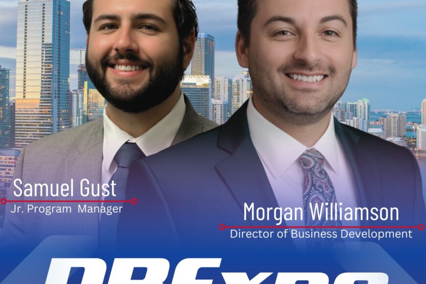 Two men in suits labeled as Samuel Gust and Morgan Williamson in front of a cityscape background. Text reads “PBExpo 2025.”.